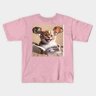 Kitten reading a funny book about dogs Kids T-Shirt